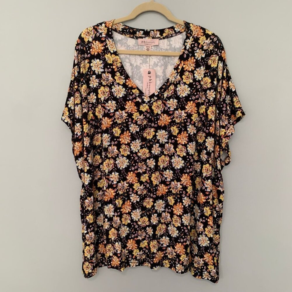 NEW Philosophy Floral V-Neck Top Women 3X Black Orange Short Sleeve Jersey‎ Knit